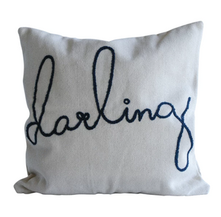 Throw pillows are a brilliant and easy way to change the look of a couch, chair or other furniture piece in the home or office. This one is embroidered with Darling and instantly add personality and depth to your room's decor!  26" square, Navy & Cream