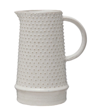 This stoneware hobnail pitcher is great for serving your favorite beverages or for displaying flowers from your garden. It pairs beautifully with our stoneware hobnail mugs.  48oz