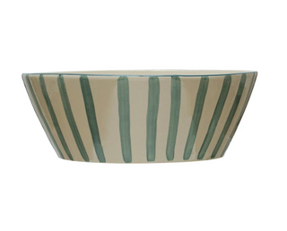 12" Round x 4-1/4"H Hand-Painted Stoneware Serving Bowl w/ Stripes, Reactive Glaze, White & Blue 