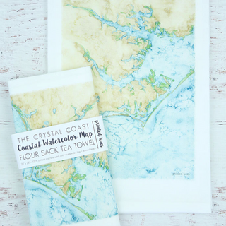 These beautiful, flour sack tea towels are hand made by a Wilmington, NC artist and printed with chart-worthy renderings of the North Carolina's Coastline.   • 100% cotton • 28x28 inches • pre-washed • hanging loop