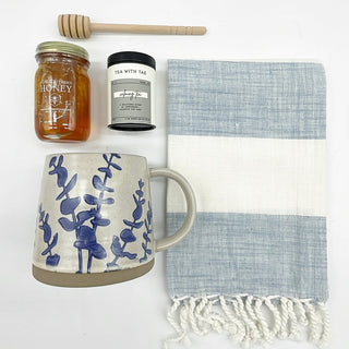 Sweet gift includes stoneware mug, southern honey, calming tea, blue striped kitchen towel