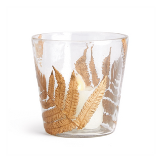 4x4x4 votive candle holder is a beautiful addition to any tabletop. Glass with gold finished fern-print overlay. 