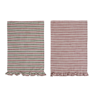 100% Cotton: 28"L x 18"W Woven Cotton Striped Tea Towel with Ruffle, 2 Colors