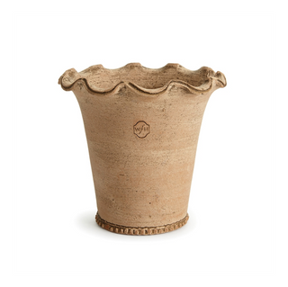 Designed by master potter Peter Wakefield and handmade in Honduras. Terracotta with a ruffled opening and beaded detail along the bottom, the Festonee is a feminine design. Use as cachepot or plant directly into. Protect fine furniture by lining interior of pot. Protect from frost and freezing. Dimensions: Large - 8.5 x 8.5 x 9; Small - 7 x 7 x 7