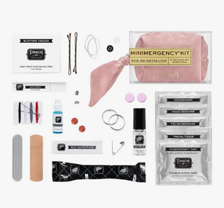 These Velvet Minimergency Kits for Bridesmaids with matching scarf pulls contain 21 essentials: Hair spray, clear nail polish, nail polish remover, emery board, earring backs, clear elastics, mending kit, safety pin, double-sided tape, stain remover, deodorant towelette, pain reliever, tampon, breath drops, dental floss, adhesive bandage, facial tissue, blotting tissues, bobby pins, antacid and extra wedding bands.