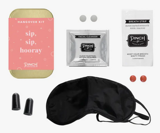 Alcohol isn't just for hands anymore. And these Hangover Kits are the perfect solution for when you might have one too many. Each mini tin contains an eye mask, ear plugs, a facial cleansing towelette, pain reliever, electrolytes, and a breath strip.