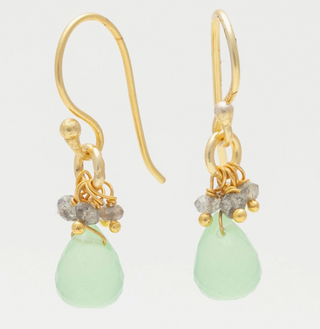 these 18k yellow gold plated drop earrings, finely crafted with nickel-free, lead-free, and hypoallergenic materials. A fanciful fringe of green chalcedony and labradorite beads placed in a petite linear design adds enchantment. Slim Shepherd's hooks keep these airy drop earrings in place.  - 18k gold plated - 0.5 inches long, 0.25 inches wide - lead and nickel free