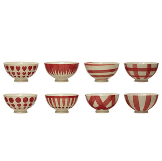 Stoneware Latte Bowl: 4-1/2" Round x 2-1/4"H Hand-Painted Stoneware Latte Bowl, White and Red, 8 Styles 