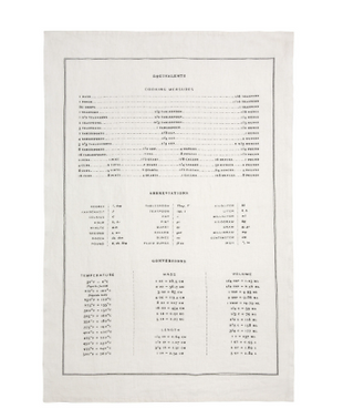 The Measures tea towel, featuring a useful table of cooking measures, abbreviations, and conversions, is inspired by an English tea towel and made from pure linen to avoid surface lint when drying delicate china and glassware. Individually printed using silk screens, each towel is cut from running yardage that comes off the loom with selvage sides before we hem it by hand.  • Design: Measures • Color: Black/Oyster White • 1 tea towel • 18” x 28” • 100% Pure Linen