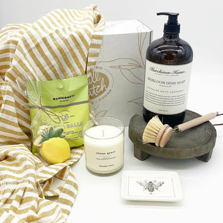 Sign up for our Small Batch Subscription Box filled with seasonal collections of our curated home goods you are sure to love! Spring Collection includes large dish soap, natural bristle dish brush, citrus scented candle, ceramic dish, wooden riser, sour hard candies and a lemon cookie from L.C. Designs