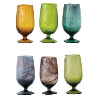 2-3/4" Round x 6"H 12 oz. Hand-Blown Stemmed Drinking Glass, set of 6  Colors may vary 