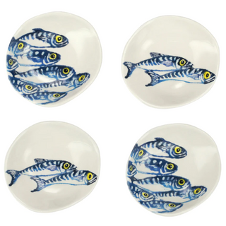The Maccarello Condiment Bowls from Vietri illustrate a school of blue mackerel, commonly found along the Mediterranean and Adriatic Sea, handpainted by maestro artisan Gianluca Fabbro. Gianluca uses a unique sponging technique to create intricate, lifelike detail.  Product Dimensions: 5"L, 4.5"W, 1.25"H 