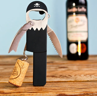  Novelty pirate shaped cork screw with easy-open lever, integrated serrated foil cutter and beer bottle opener. Stainless Steel & soft touch plastic guarantees full control when removing the cork , bottle top or foil from your chosen bottles.