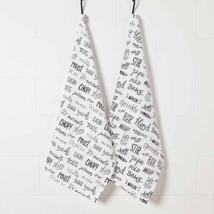 Kitchen Words Print Black Floursack Dishtowels - Set of 2 - Small Batch Specialty Gifts